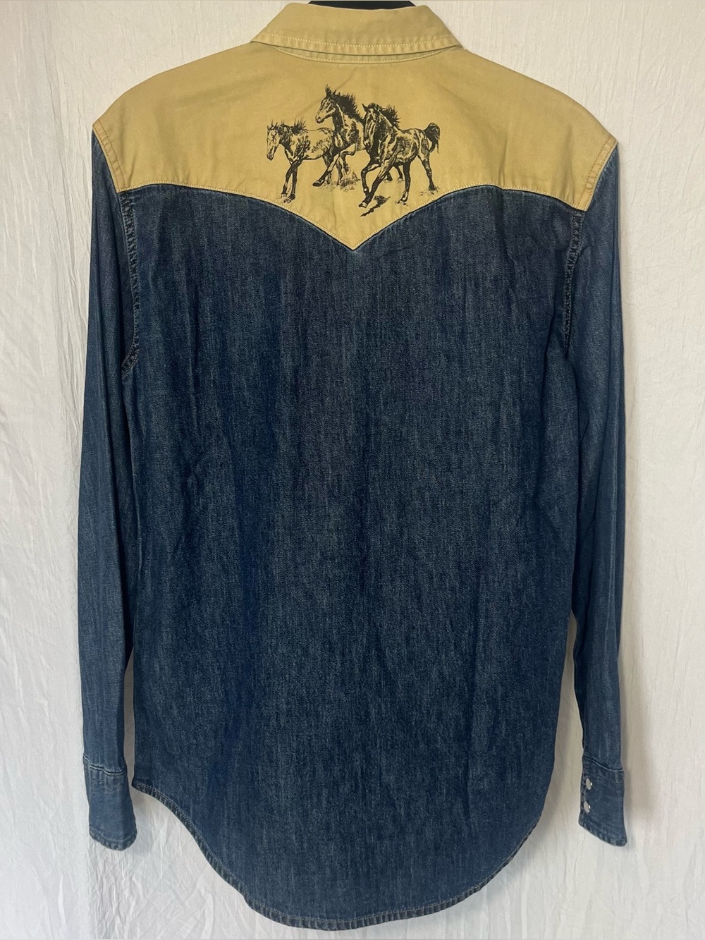 Leviβs Mens Small Pearl Snap Blue Beige Denim Harlem Rodeo Western Shirt Horses